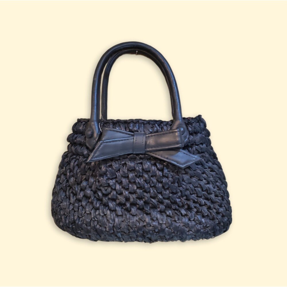 60s Cottagecore Coquette Black Woven Straw Bow Handbag
